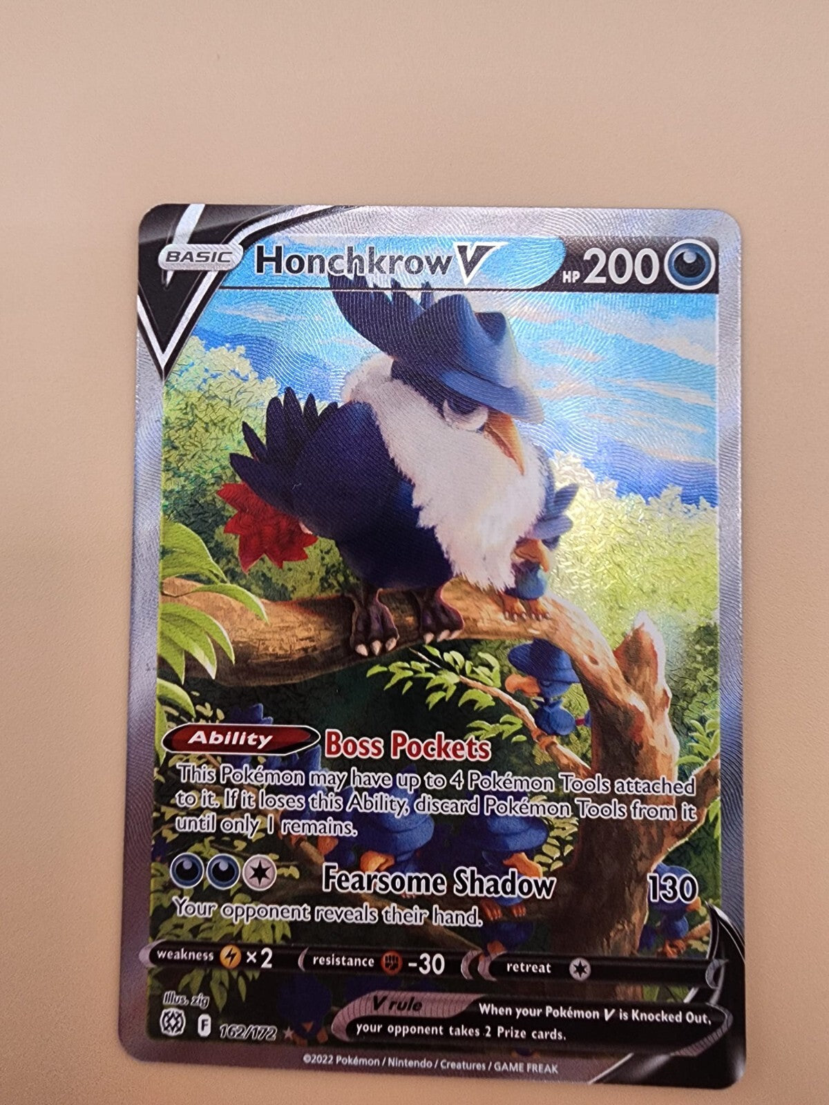 Pokemon TCG - Honchkrow V Rare Holo - 162/172- Brilliant Stars Near Mint (NM)