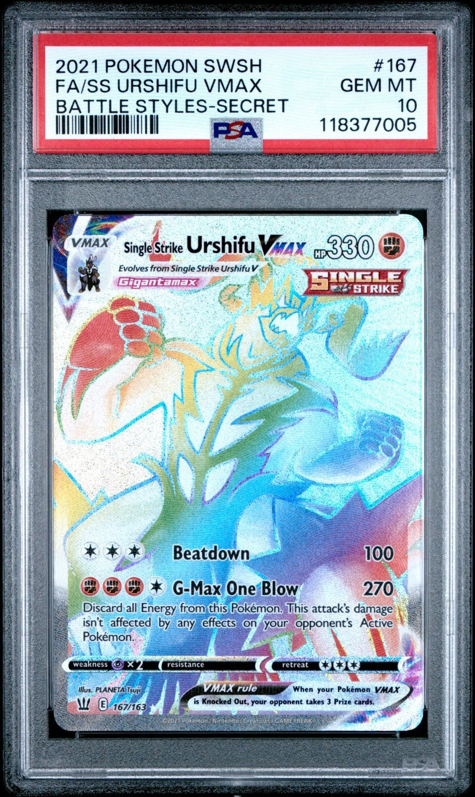 Single Strike Urshifu VMAX 167/163 Pokemon Battle Styles Secret Rare Card PSA 10