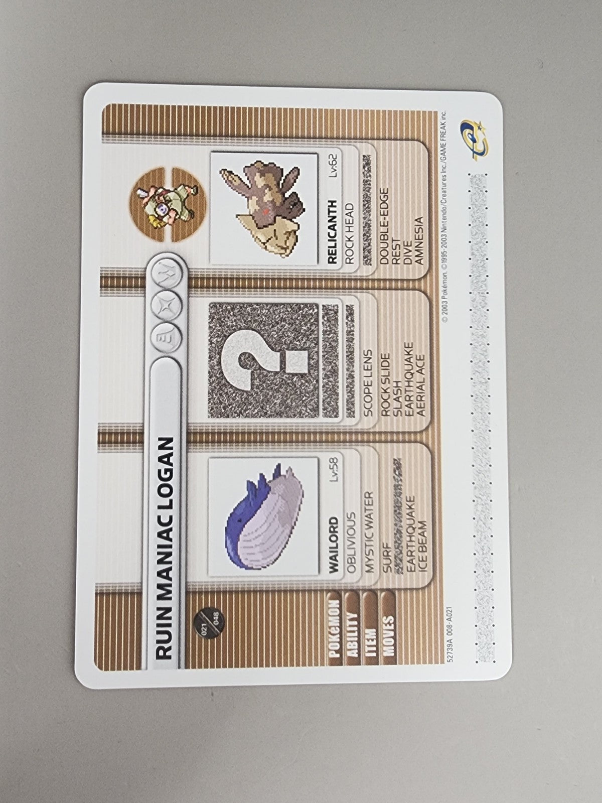 Pokemon Battle Card E Reader Ruby Gameboy Advance 2003 Ruin Maniac Logan