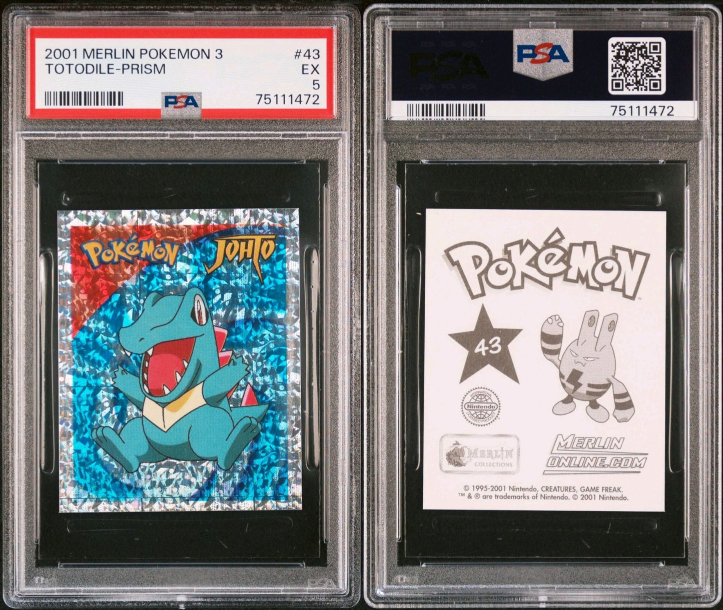 2001 Merlin Pokemon Series 3 Totodile #43 Prism PSA 5