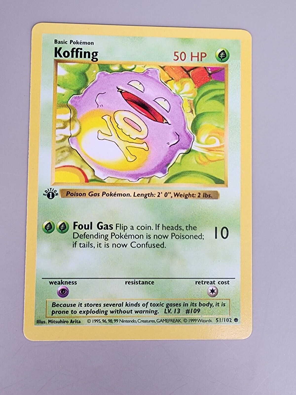 1st Edition Shadowless Koffing 51/102 Base Set Rare Vintage Pokemon Card - LP