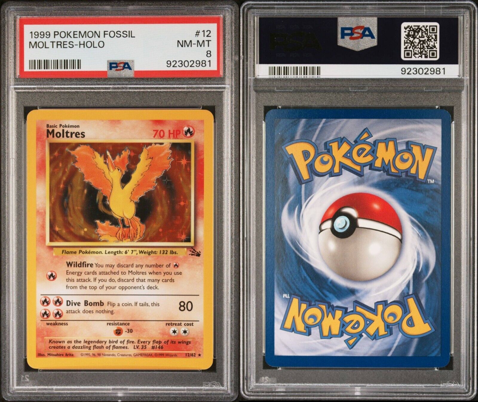 1999 POKEMON MOLTRES 1ST EDITION HOLO RARE 12/62 BASE SET FOSSIL PSA 8