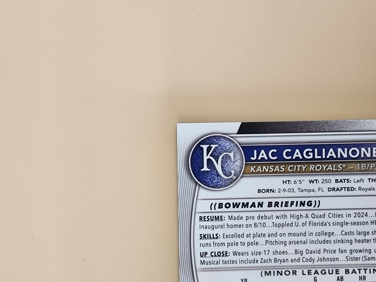 2025 Bowman Chrome Mega Box Jac Caglianone #BMA-JC Auto Blue /199 Royals