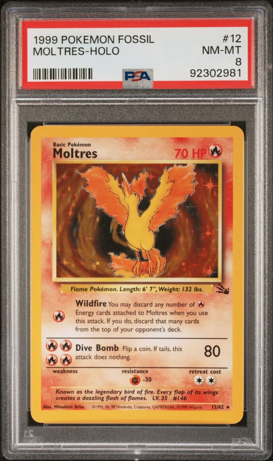 1999 POKEMON MOLTRES 1ST EDITION HOLO RARE 12/62 BASE SET FOSSIL PSA 8