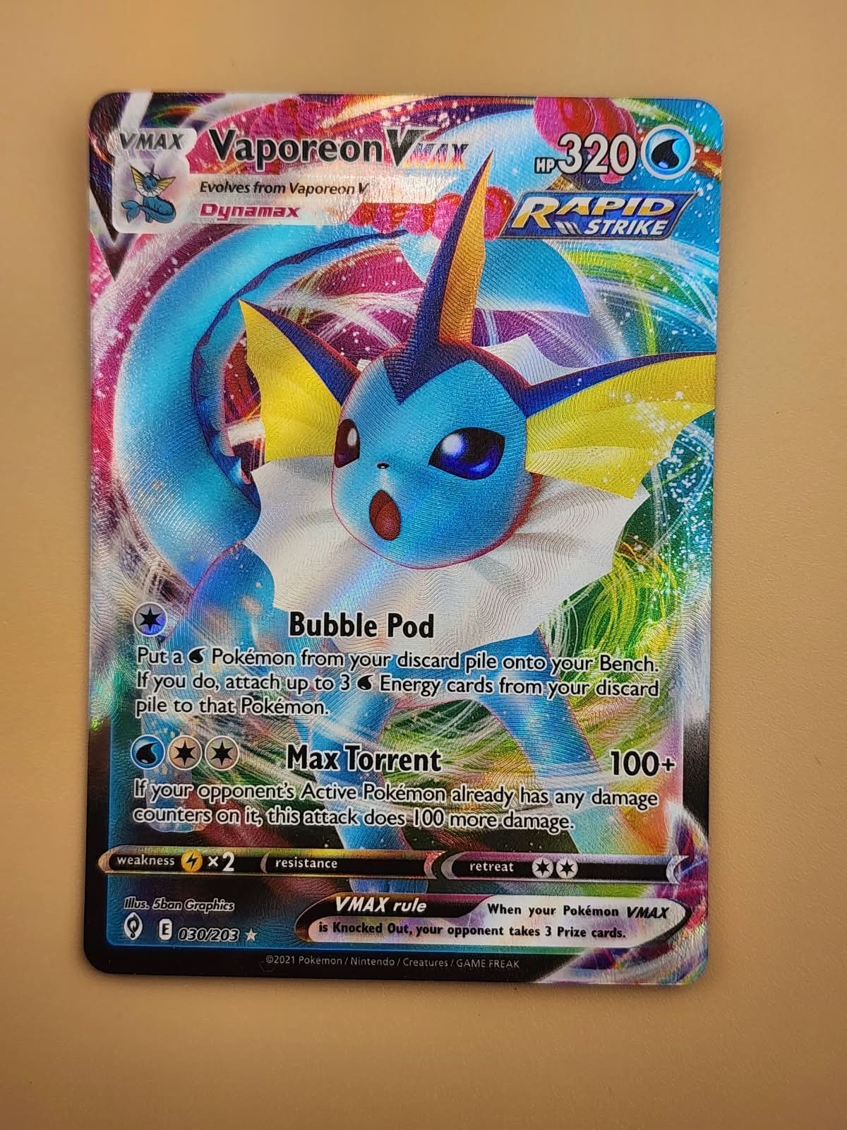 Vaporeon VMAX 030/203 SWSH07: Evolving Skies Holo Light Play LP