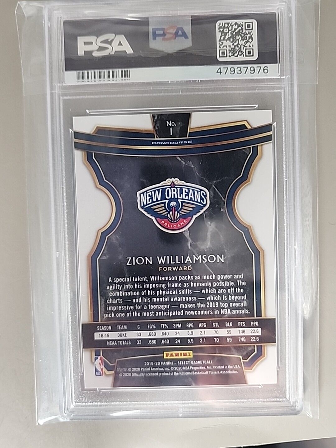 2019 Panini Select RC Zion Williamson #1 Pelicans Rookie PSA 10 Gem Mint