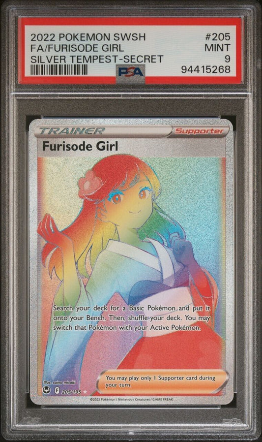 Furisode Girl 205/195 Rainbow Secret Rare Full Art Silver Tempest PSA 9 MINT