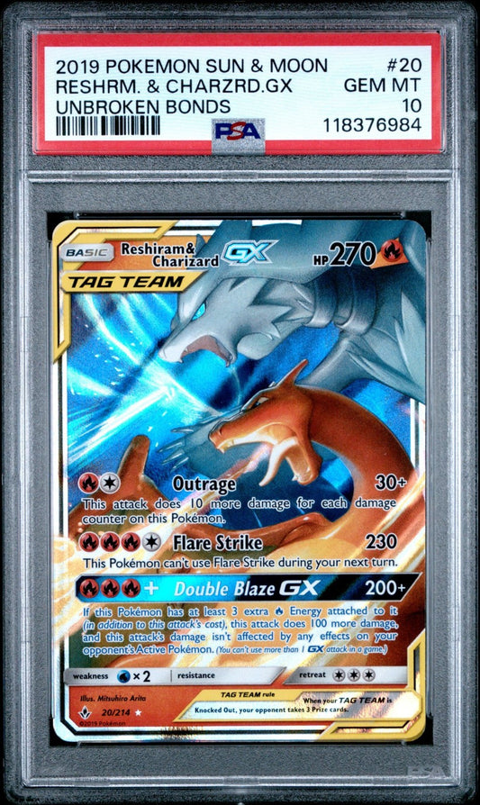 Pokemon PSA 10 Reshiram & Charizard GX Ultra Rare 2019 20/214 Unbroken Bonds