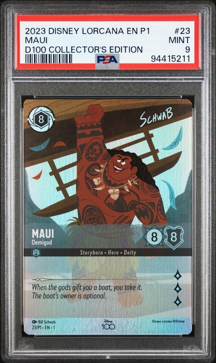 Lorcana Maui Demigod PSA 9 MINT Foil D100 Promo 23/P1 EN1 Extended Art Holo