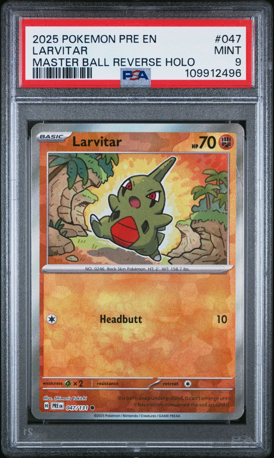 2025 Pokemon Prismatic Evolutions Master Ball Larvitar PSA 9