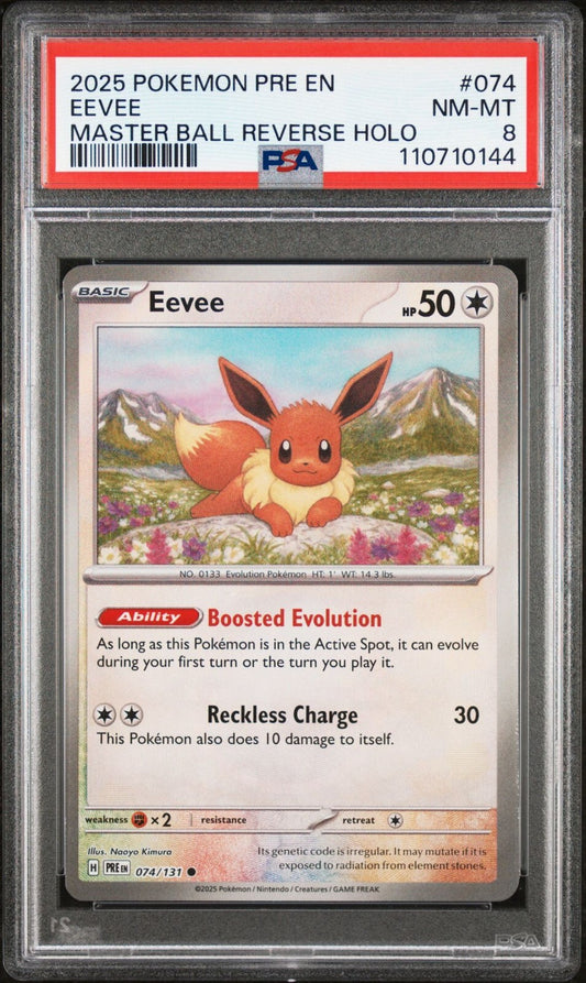 2025 POKEMON PRE EN-PRISMATIC EVOLUTIONS 074 EEVEE MASTER BALL REVERSE HOL PSA 8