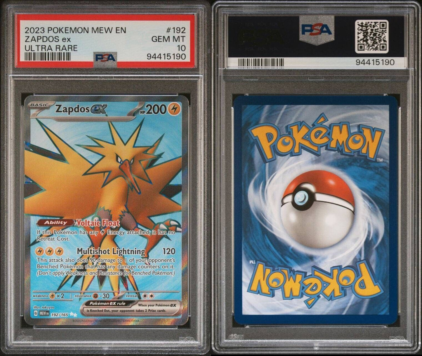 PSA 10 GEM MINT Zapdos Ex Ultra Rare 192/165 Pokemon 151 English Full Art Card