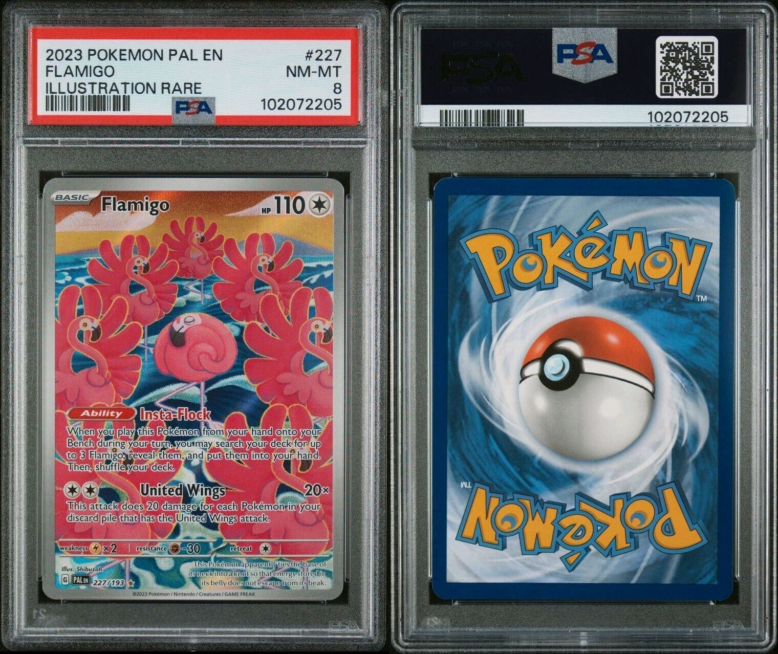 2023 Pokemon Paldea Evolved FLAMIGO #227 Illustration Rare Holo PSA 8 Near Mint