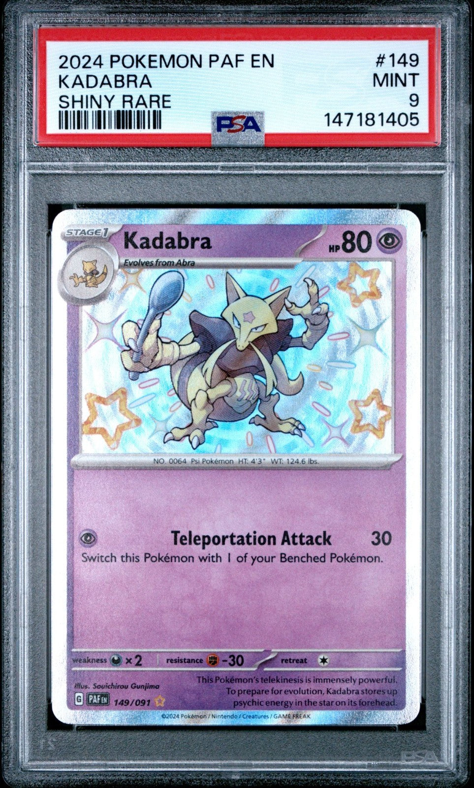 KADABRA 2024 POKEMON PALDEAN FATES SHINY RARE 149/091 PSA 9