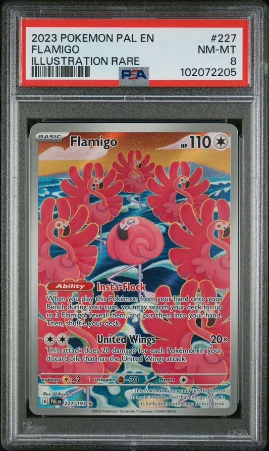 2023 Pokemon Paldea Evolved FLAMIGO #227 Illustration Rare Holo PSA 8 Near Mint