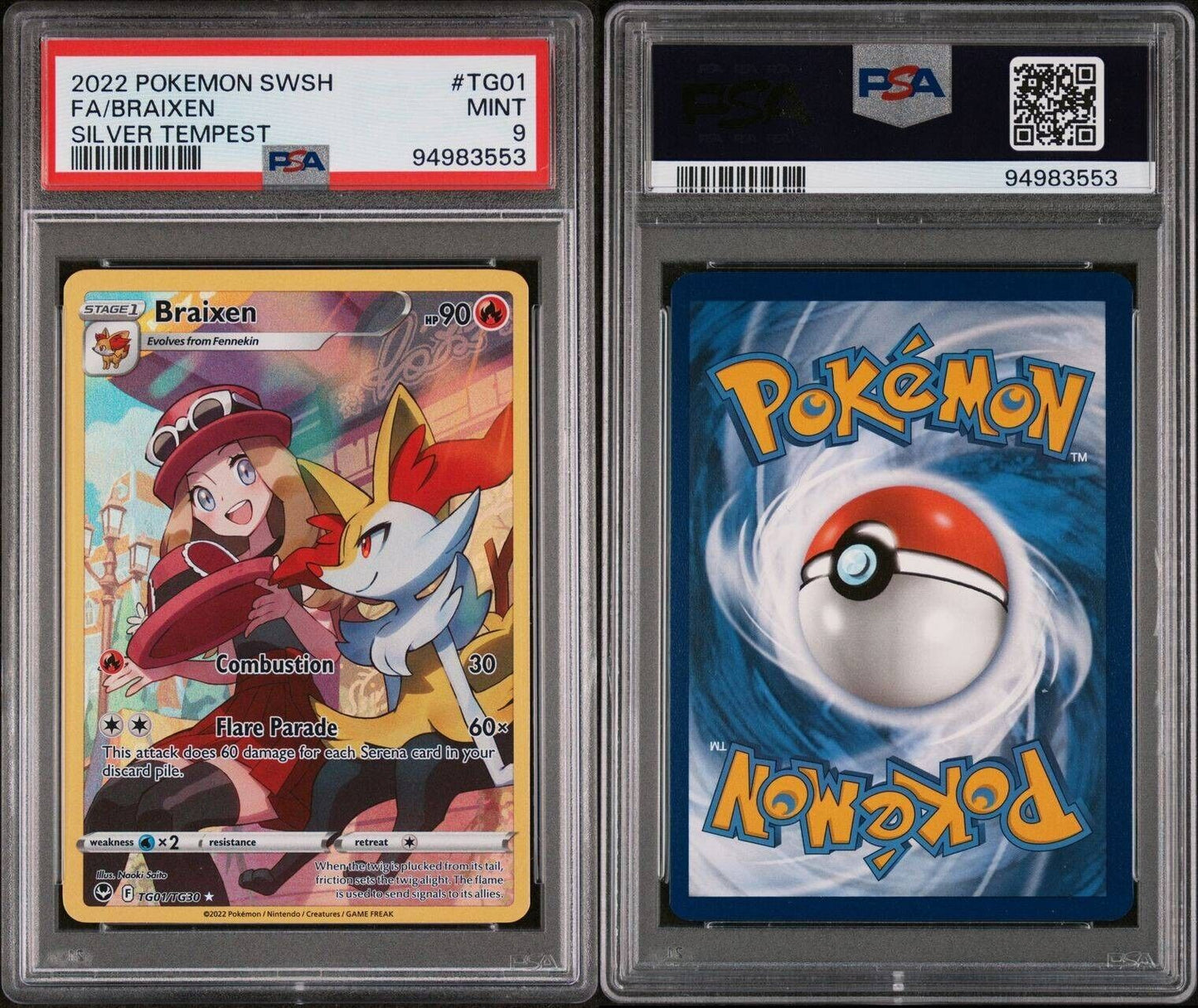 2022 POKEMON SWORD & SHIELD SILVER TEMPEST #TG01 FULL ART/BRAIXEN PSA 9