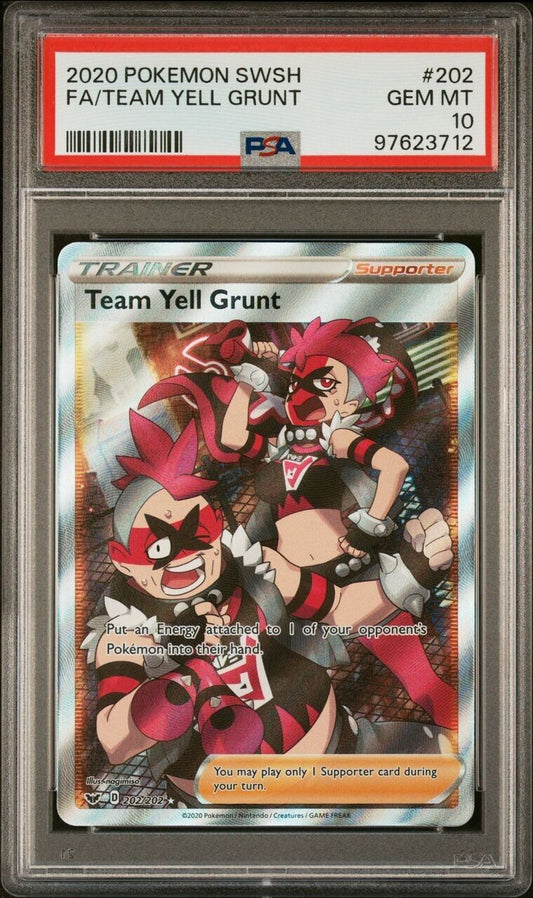 PSA 10 GEM MINT Team Yell Grunt 202/202 Sword Shield FA Ultra Rare Holo Pokémon