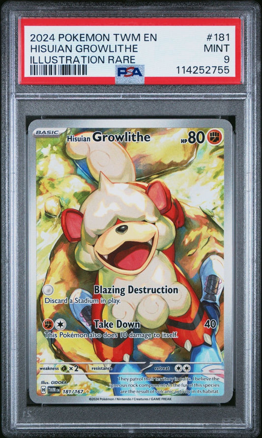 2024 POKEMON TWM EN-TWILIGHT MASQUERADE 181 HISUIAN GROWLITHE PSA 9