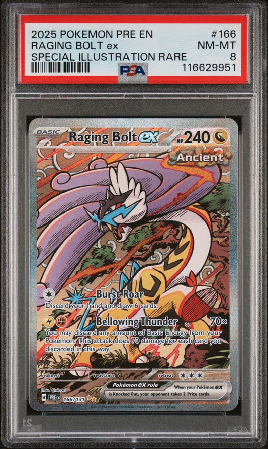 2025 POKEMON PRISMATIC EVOLUTIONS SPECIAL ILLUSTRATION RARE RAGING BOLT EX PSA 8