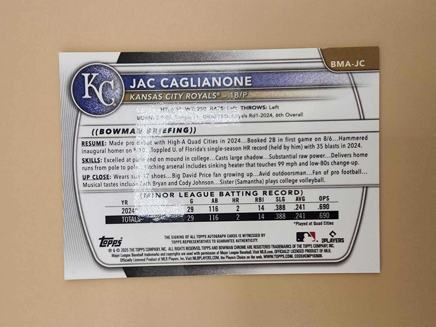 2025 Bowman Chrome Mega Box Jac Caglianone #BMA-JC Auto Blue /199 Royals