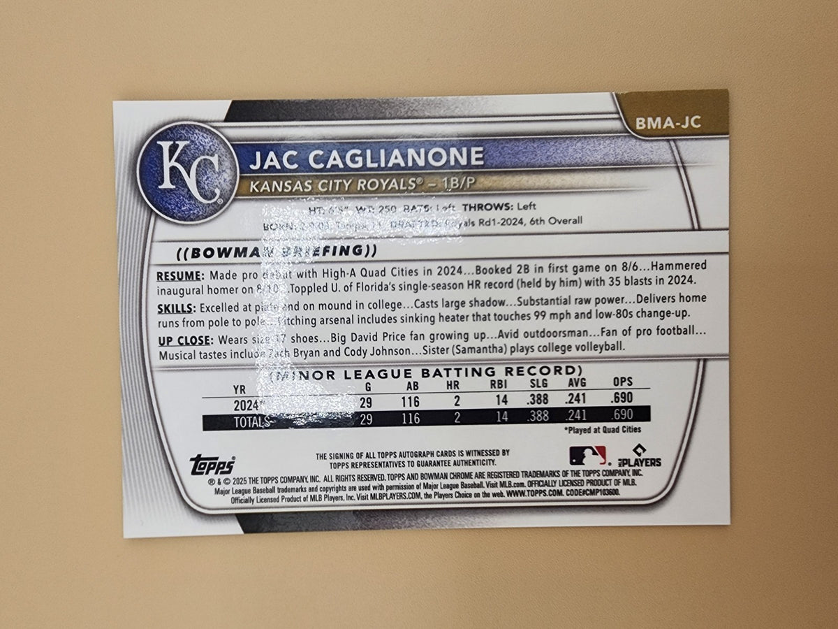 2025 Bowman Chrome Mega Box Jac Caglianone #BMA-JC Auto Blue /199 Royals