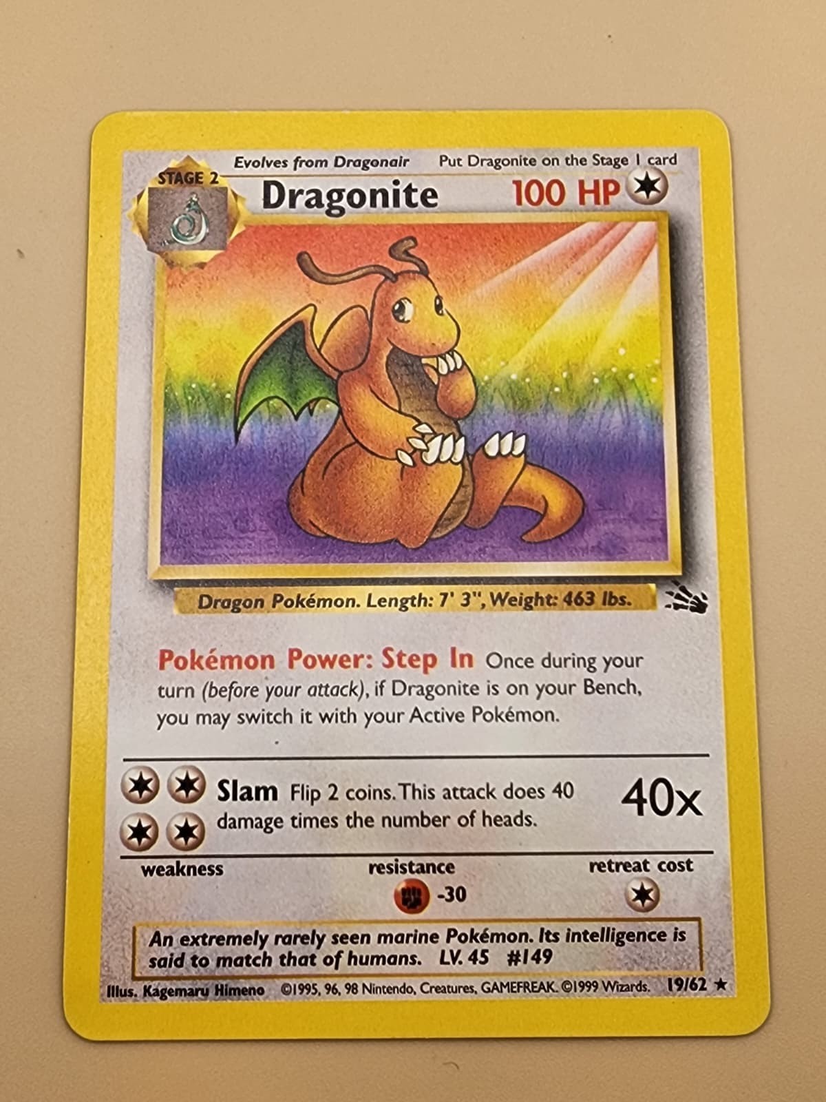 Dragonite 19/62 Fossil Regular Heavily Played (HP)