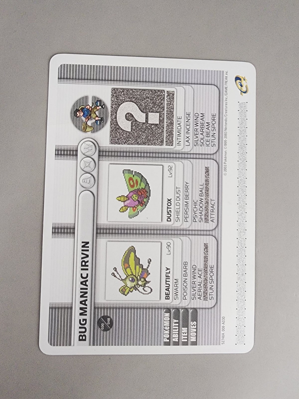 Bug Maniac Irvin 2003 Pokémon Game Boy Advance GBA Battle E-Reader Card RARE