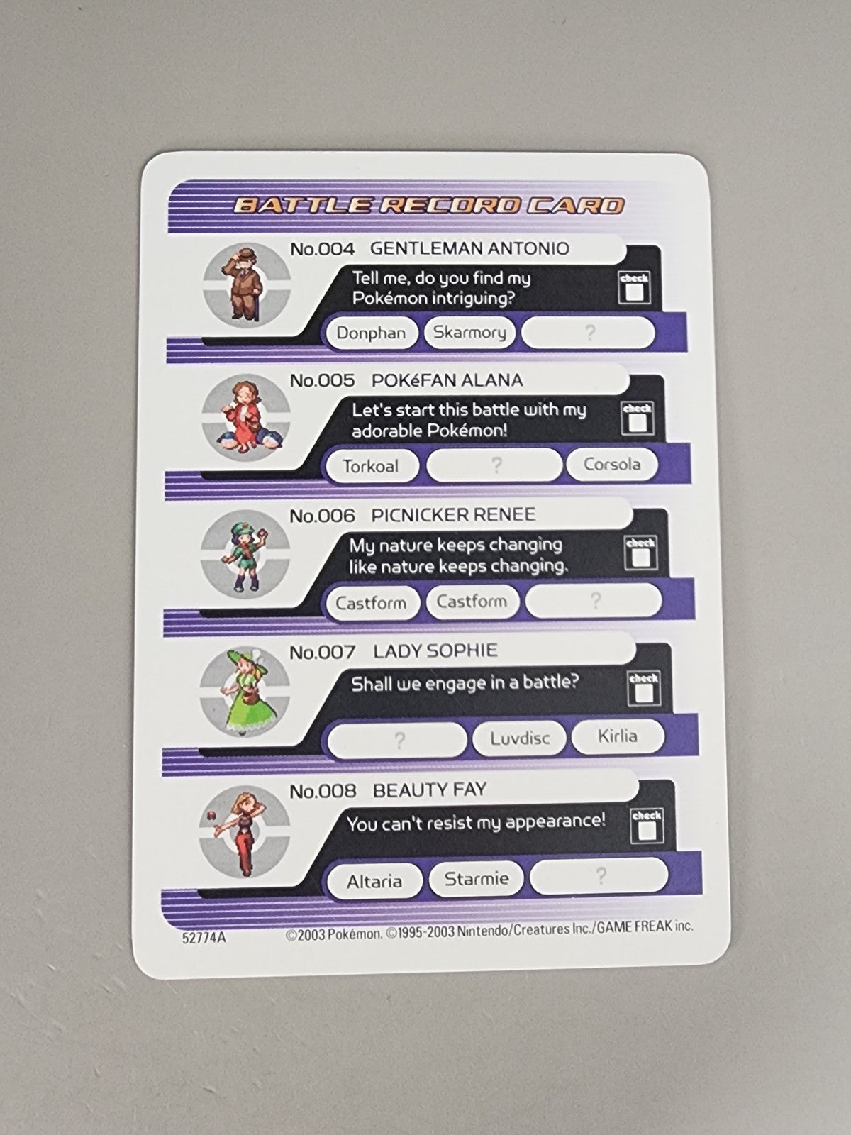 Pokemon E Reader Ruby/Sapphire 2003 Battle Record Card Freezing Ray GBA Game Boy