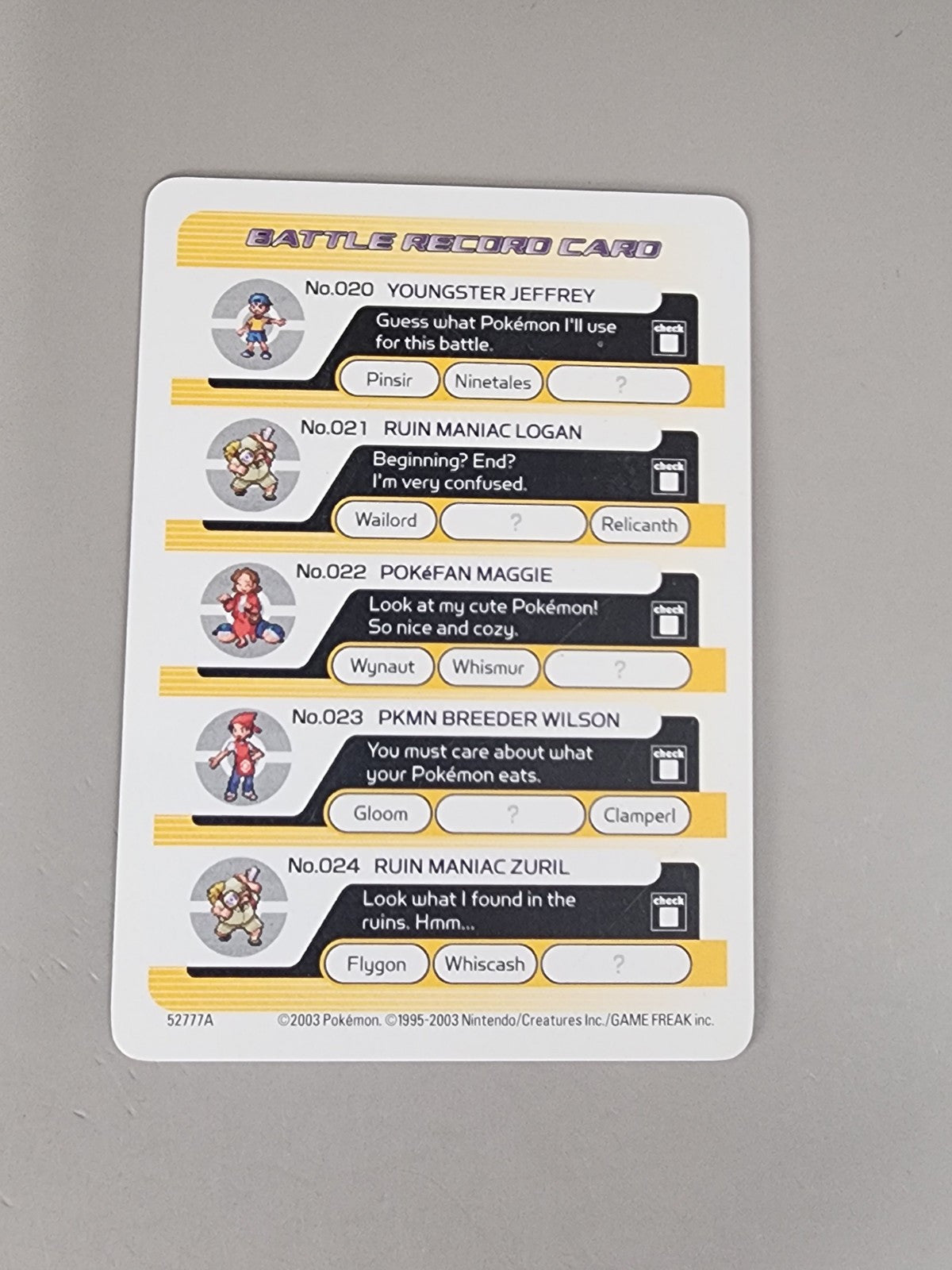 Pokemon Ruby and Sapphire E-Reader Cards Hidden Ruins Battle Record Card