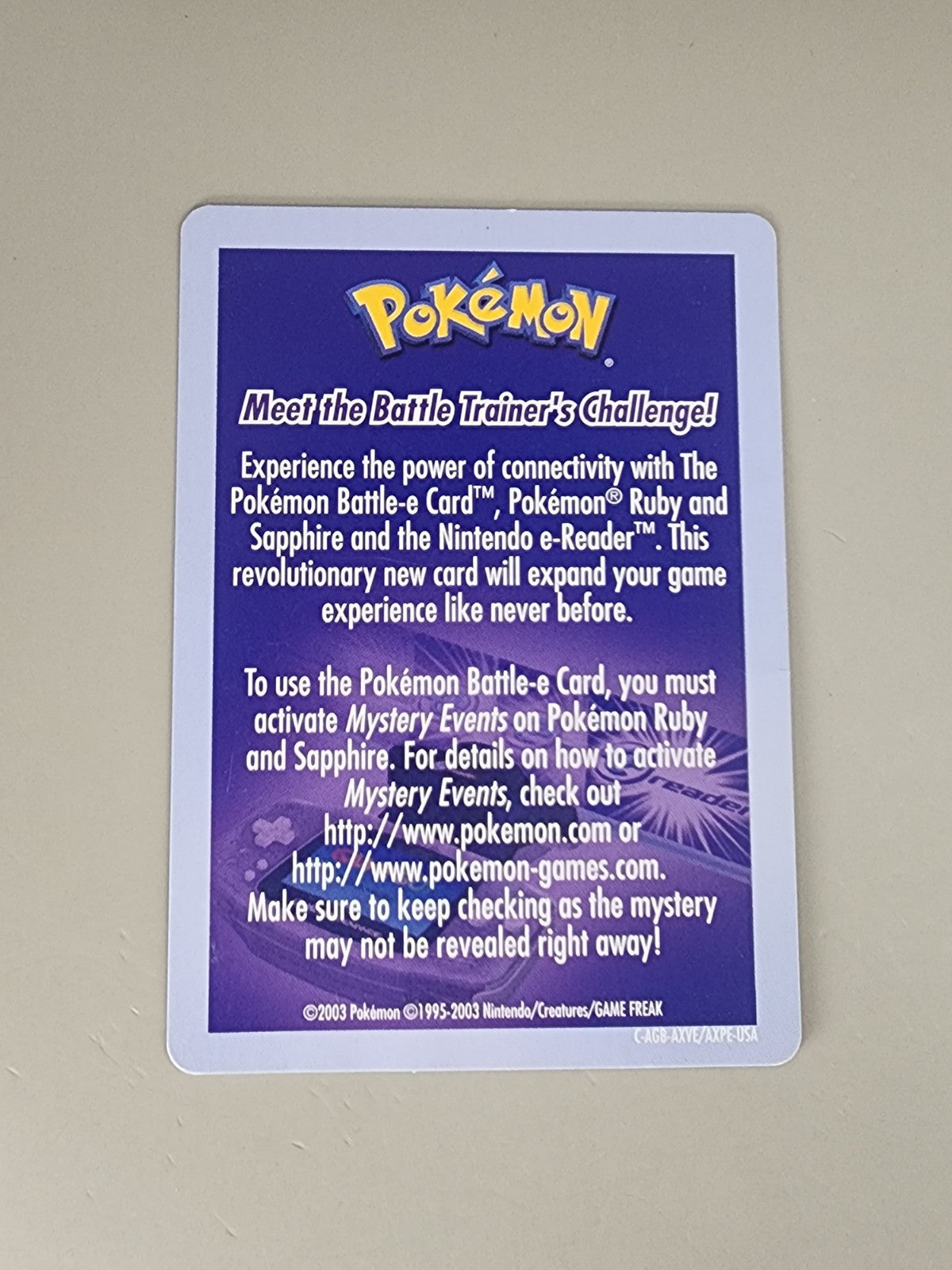 Pokemon Battle E Card Instruction e-Reader Card - For GBA Nintendo Collectible