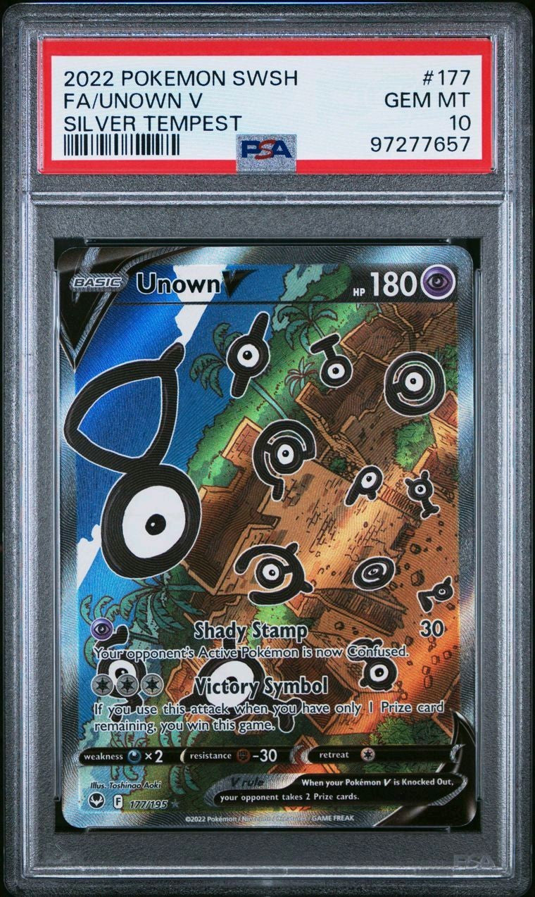 2022 POKEMON SWORD & SHIELD SILVER TEMPEST FULL ART #177 UNOWN V PSA 10