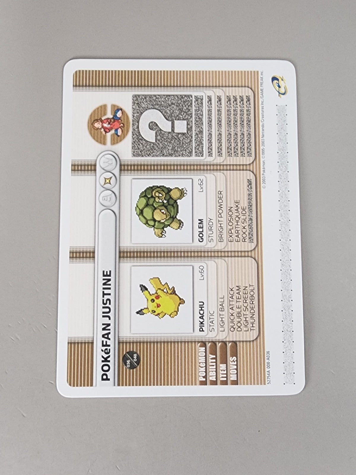 Pokefan justine 2003 Pokémon Game Boy Advance Battle E Reader Card HP