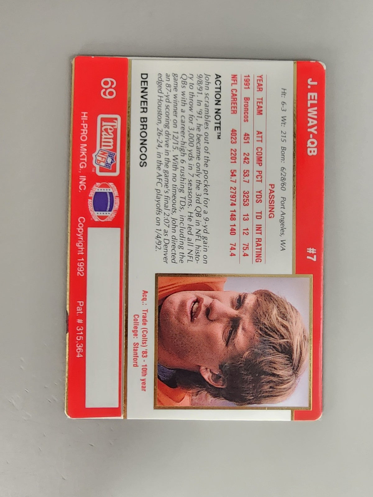 1992 Action Packed - #69 John Elway QB LP Condition